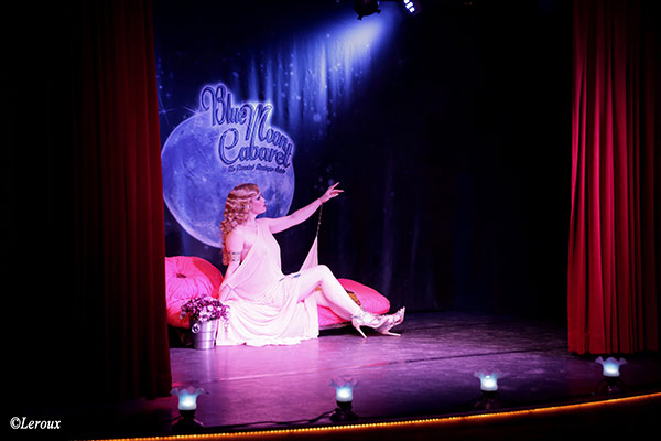 Impression of Xarah von den Vielenregen as covergirl at the 14th edition of the Blue Moon Cabaret at the Blue Collar Hotel in Eindhoven - the Decadent Burlesque Soirée is produced by Boudoir Noir Production