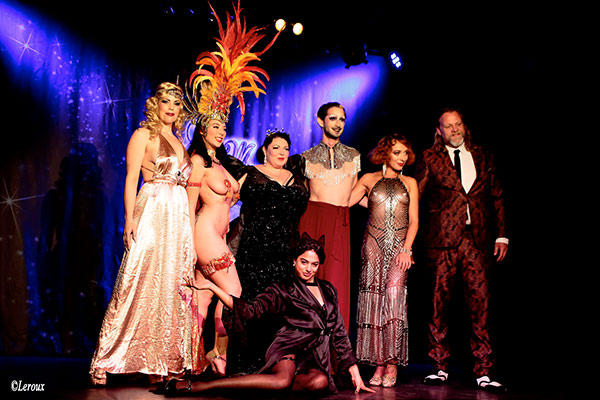 Impression of all performers of t he 14th edition of the Blue Moon Cabaret at the Blue Collar Hotel in Eindhoven - the Decadent Burlesque Soirée is produced by Boudoir Noir Production